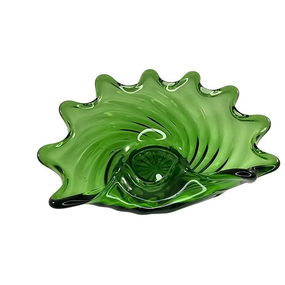 Art Glass Folded Swirl Candy Bowl Trinket Dish Green Vintage - Picture 7 of 10